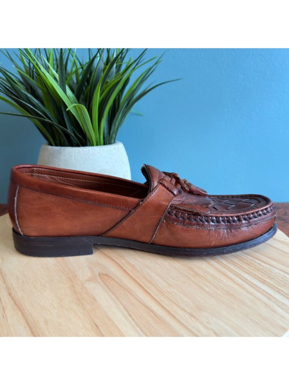 Johnston & Murphy Mens 9.5 Halsey Loafer Woven Leather Tasseled Cognac Brown - Picture 4 of 9